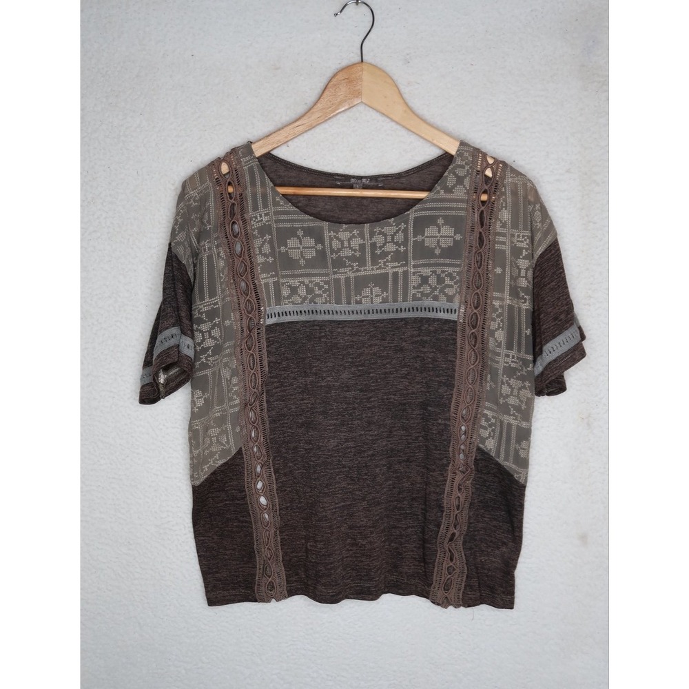 Miss Me Women's Boho Crochet Trim Top Women's L Brown Mixed Media Short Sleeve